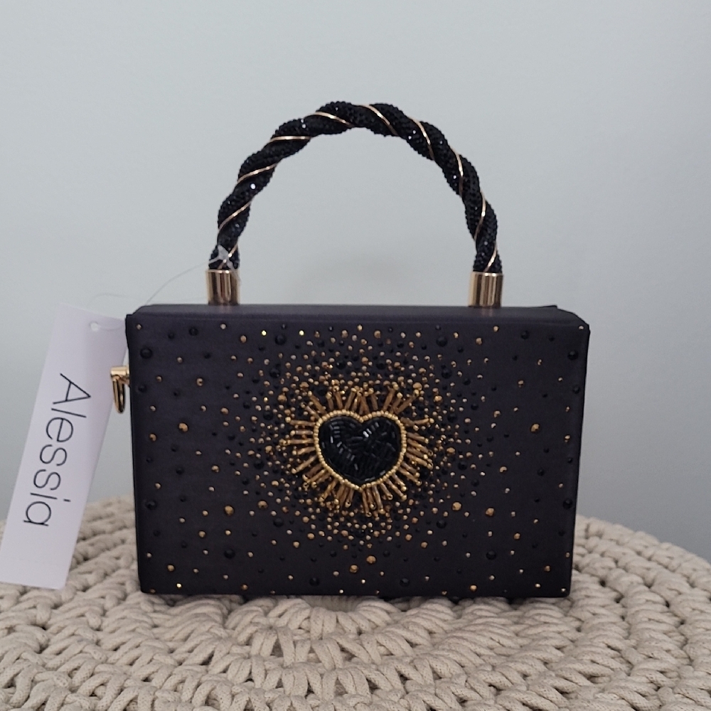 Alessia Black and Gold Heart Embellished Clutch